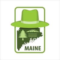belleza de Maine el paisaje y el fauna silvestre pino arboles Maine línea costera y montañas un sombrero y contorno de el estado vector ilustración