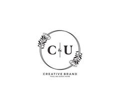 initial CU letters hand drawn feminine and floral botanical logo suitable for spa salon skin hair beauty boutique and cosmetic company. vector