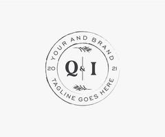 initial QI letters floral frames. Botanical feminine editable premade monoline unique decoration for greeting card, wedding invitation. vector