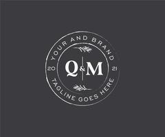 initial QM letters floral frames. Botanical feminine editable premade monoline unique decoration for greeting card, wedding invitation. vector
