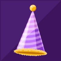 Carnival and party purple striped cone, carnival elegant costume part in cartoon style, vector decorative object for parties and festivals.