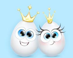 Cute funny white royal egg couple with crowns. Easter concept vector