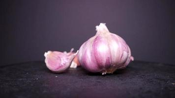 Ripe garlic close-up on a black background video
