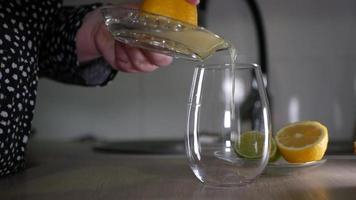 Pouring freshly squeezed lemon juice into a glass video