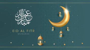 Eid al Fitr Mubarak greeting illustration with calligraphy moon and lantern on green background video