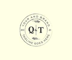 initial QT letters floral frames. Botanical feminine editable premade monoline unique decoration for greeting card, wedding invitation. vector