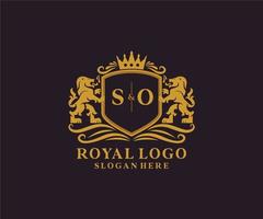 Initial SO Letter Lion Royal Luxury Logo template in vector art for Restaurant, Royalty, Boutique, Cafe, Hotel, Heraldic, Jewelry, Fashion and other vector illustration.