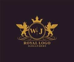 Initial WJ Letter Lion Royal Luxury Heraldic,Crest Logo template in vector art for Restaurant, Royalty, Boutique, Cafe, Hotel, Heraldic, Jewelry, Fashion and other vector illustration.