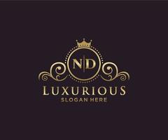 Initial ND Letter Royal Luxury Logo template in vector art for Restaurant, Royalty, Boutique, Cafe, Hotel, Heraldic, Jewelry, Fashion and other vector illustration.