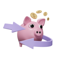 3d rosado cerdito banco con flecha, dólar moneda aislado. transferir, devolución de dinero, ahorro dinero, financiero negocio, bancario pago, mínimo concepto, 3d hacer ilustración png