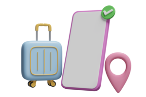 3d resväska med mobil telefon, smartphone, stift, kolla upp märken ikon isolerat. sommar resa, uppkopplad hotell bokning service begrepp, 3d framställa illustration png