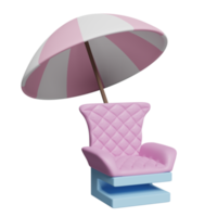 3d Sofa Stuhl mit Rosa Regenschirm oder Sonnenschirm isoliert. 3d machen Illustration png
