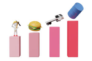 3d Bar Graph mit Essen, Öl Fass, Lieferung LKW, Lohn Symbol isoliert. hoch Inflation, teuer, Speichern Geld, erziehen das Preis Konzept, 3d machen Illustration png