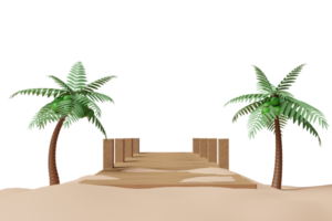 3d summer travel with wooden bridge leading into the sea on a bright day, palm tree, sea beach,  landscape, 3d render illustration png