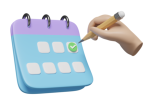 3d calendario con marca de verificación iconos, marcado fecha, mano sostener lápiz aislado. cheque cita tiempo, cita fecha concepto, 3d hacer ilustración png
