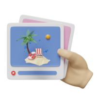 3D hands hold social media or communication online platform with lifebuoy, water splash, palm tree, play icons, photo frame isolated. summer travel concept, 3d render illustration png