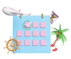 3d calendar with airplane icons, marked date, palm tree, hourglass, flight isolated. schedule appointment, summer travel, itinerary concept, 3d render illustration png