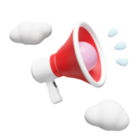 3d red megaphone or cartoon hand speaker with cloud isolated. announce promotion news for social media networks, online marketing shopping concept, 3d render illustration png