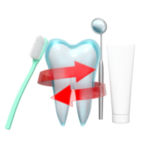 dental molar dentes modelo 3d ícone com vermelho espiral seta, escova de dente, pasta de dentes tubo, dentista espelho isolado. dental exame do a dentista, dente proteção, 3d render png