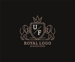 Initial UF Letter Lion Royal Luxury Logo template in vector art for Restaurant, Royalty, Boutique, Cafe, Hotel, Heraldic, Jewelry, Fashion and other vector illustration.