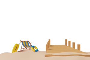 3d hölzern Brücke führen in das Meer auf ein hell Tag mit Koffer, Strand Stuhl, Rettungsring, Meer, Landschaft, Sommer- Reise Konzept, 3d machen Illustration png