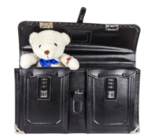 Black retro leather schoolbag with teddy bear isolated png