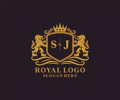 Initial SJ Letter Lion Royal Luxury Logo template in vector art for Restaurant, Royalty, Boutique, Cafe, Hotel, Heraldic, Jewelry, Fashion and other vector illustration.