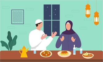 Iftar party with family during ramadan, meal with muslim family, ramadan fasting illustration vector