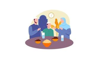 Iftar party with family during ramadan, meal with muslim family, ramadan fasting illustration vector