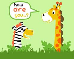 Funny giraffe with zebra in bush, vector cartoon illustration