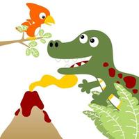 Funny dinosaurs on volcano eruption background, vector cartoon illustration