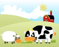 Funny farm animals in farm field, vector cartoon illustration