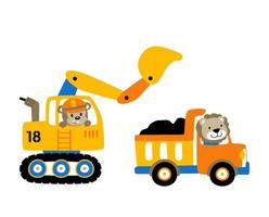 Funny monkey on backhoe loader, cute lion on dump truck, vector cartoon illustration