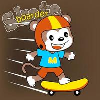 Funny monkey playing skateboard, vector cartoon illustration