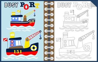 Vector cartoon of boat with crane in the sea, coloring book or page