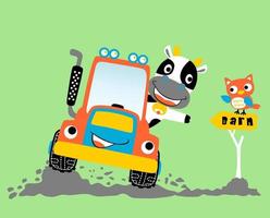 Funny cow driving tractor in farmyard with funny owl, vector cartoon illustration