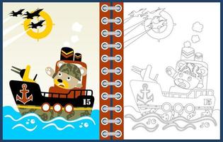 Funny bear on warship, vector cartoon illustration, coloring page or book