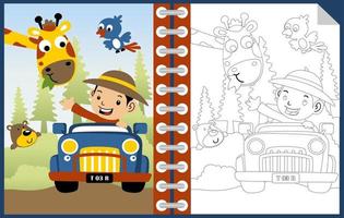 Cartoon boy on car with funny animals in forest, coloring book or page vector