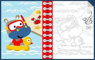 Vector cartoon of cute hippo wearing diving goggles in duck ring with marine animals in the beach, coloring book or page