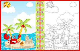 Vector cartoon of summer time with crab and shellfish in small island, coloring page or book