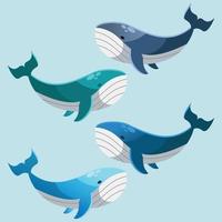 Vector illustration of kawaii cute whale characters. set of characters. Emoticon, mascot, cartoon character of whale, isolated on background