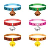 Realistic vector cartoon illustration of pet dog cat collar set. Different color, different shape. Bone, fish, bell, paw