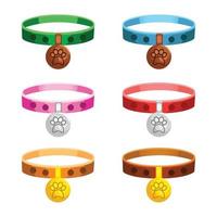 Realistic vector cartoon illustration of pet dog cat collar set. Different color, different shape. Bone, fish, bell, paw