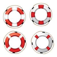 Set of Striped Red and White Lifebuoys With Rope Around, 3d rescue life belt illustrations. Vector Icon. Flat Cartoon Illustration, Clipart.