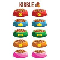 Cat and dog food pet bowl. Cute Cartoon vector illustration pet feed containers, bowl or plate . Home animals wet and dry food meal. Round, bones, square kibble.