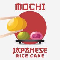 Cute mochi poster background. Japanese traditional food or snack illustration vector for poster, wallpaper, decorative. Cartoon flat design art pastel colors on colorful background template.