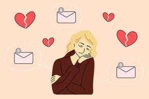 Sad girl surrounded of a broken hearts. Woman does not receive a message from a loved one. Zero message email symbols. Vector illustration in cartoon style.