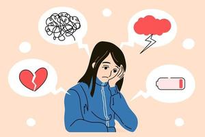 Upset girl surrounded by symptoms of depression disorder. Young woman who suffers from mental health diseases. Vector illustration in cartoon style.