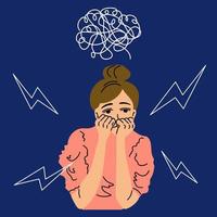 Panic attack concept. Depressed girl with nervous problems has feels anxious. Vector illustration in cartoon style.