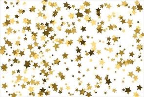 Random falling gold stars on white background. Glitter pattern for banner, greeting card, Christmas and New Year card, invitation, postcard, paper packaging vector